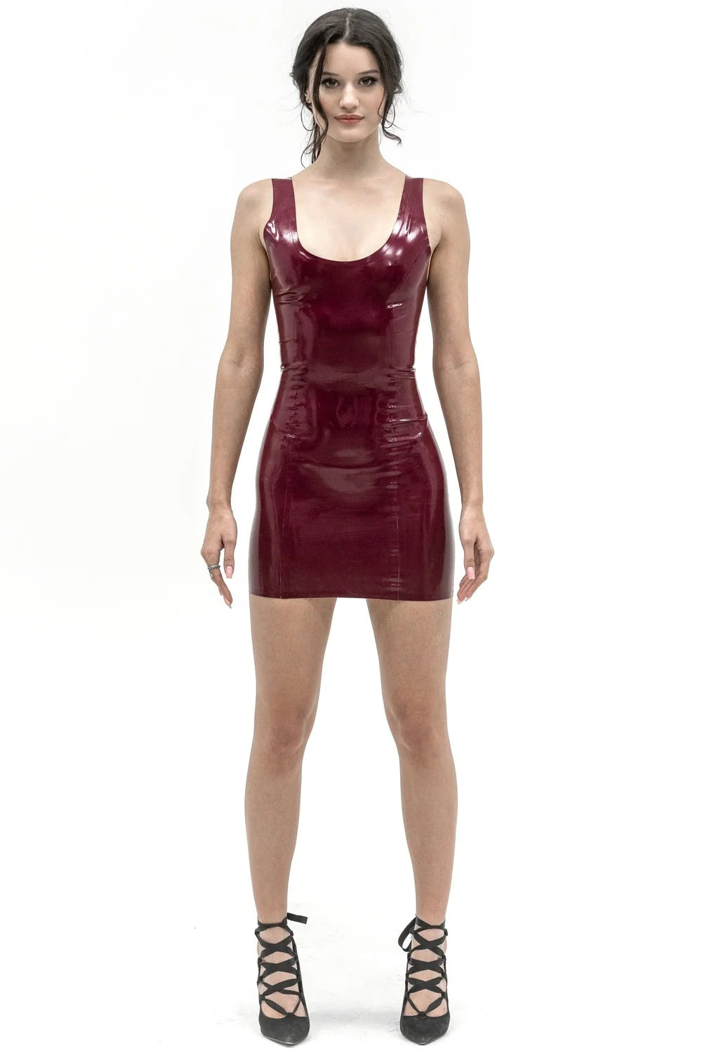 Latex Mini Dress in Burgundy — U-Neck, Wide Straps & Middle-Cut Back