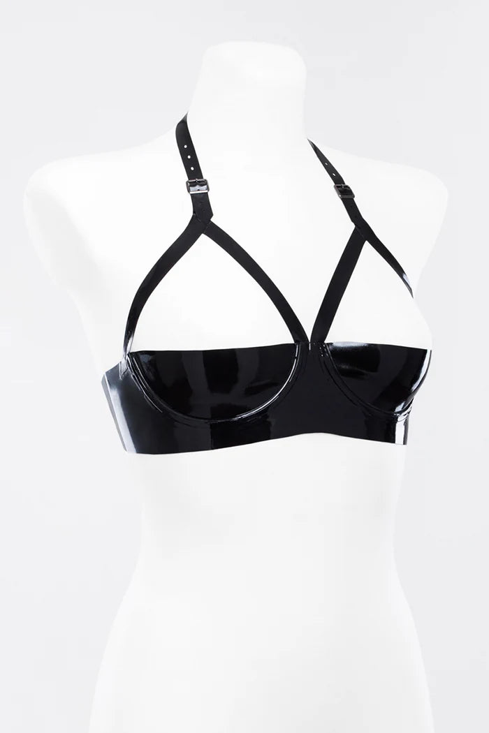 Latex Open-Bust Underwire Bra with Adjustable Buckles & Button Back