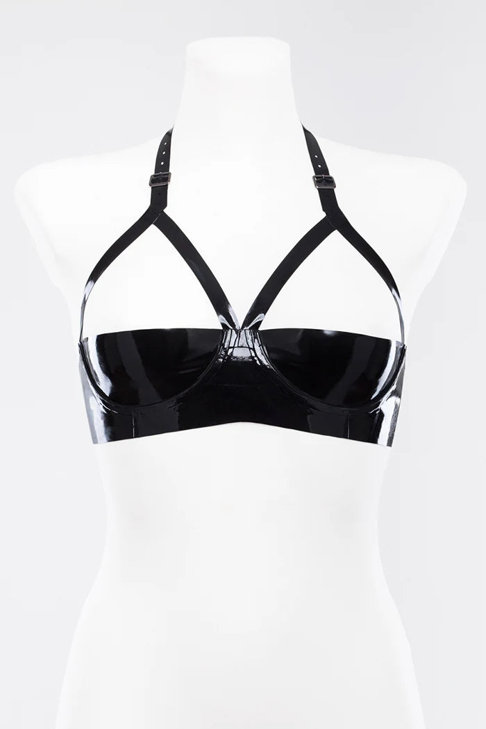 Latex Open-Bust Underwire Bra with Adjustable Buckles & Button Back