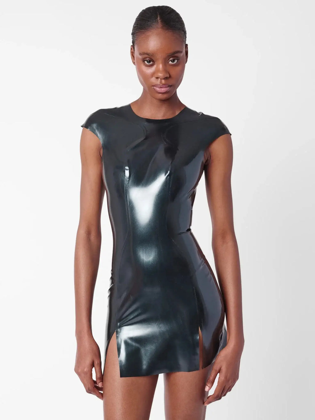 Latex Player Mini Dress With Cap Sleeves & Open Back