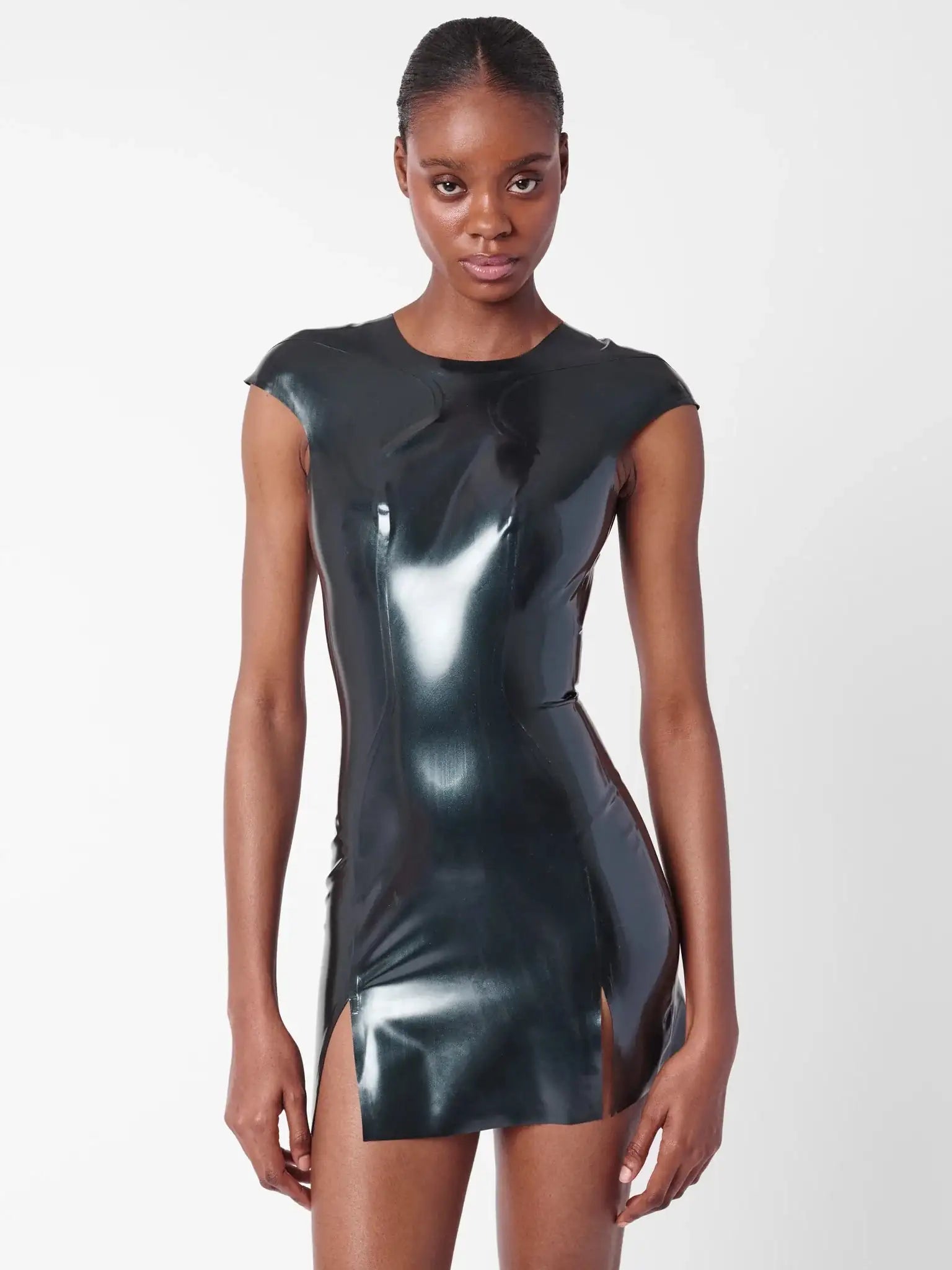 Latex Player Mini Dress With Cap Sleeves & Open Back