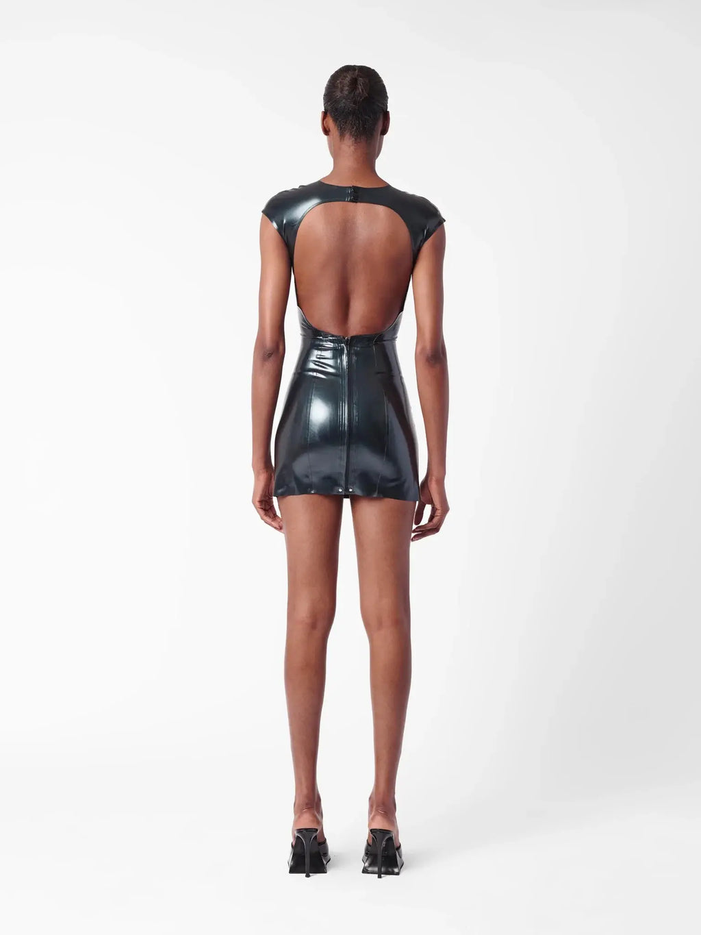 Latex Player Mini Dress With Cap Sleeves & Open Back