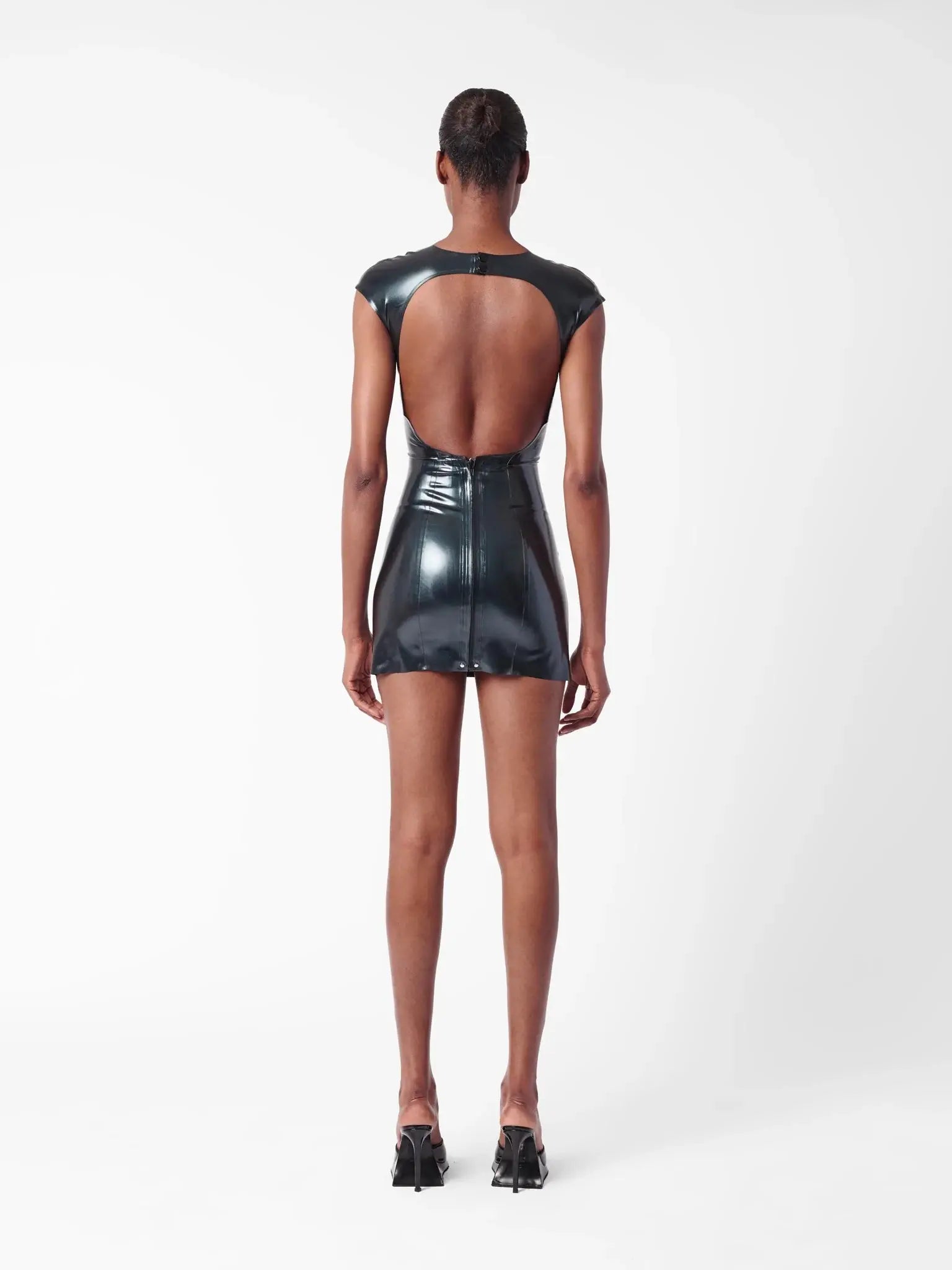 Latex Player Mini Dress With Cap Sleeves & Open Back