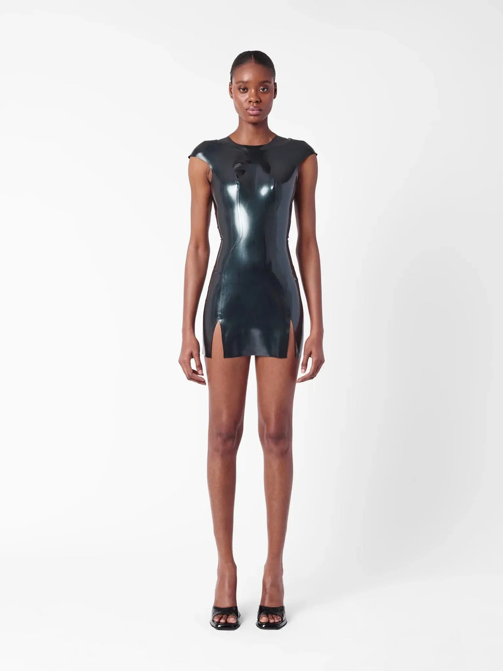 Latex Player Mini Dress With Cap Sleeves & Open Back