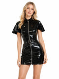 Latex Princess Seam Dress with Capelet, Front Zip & Waist Belt