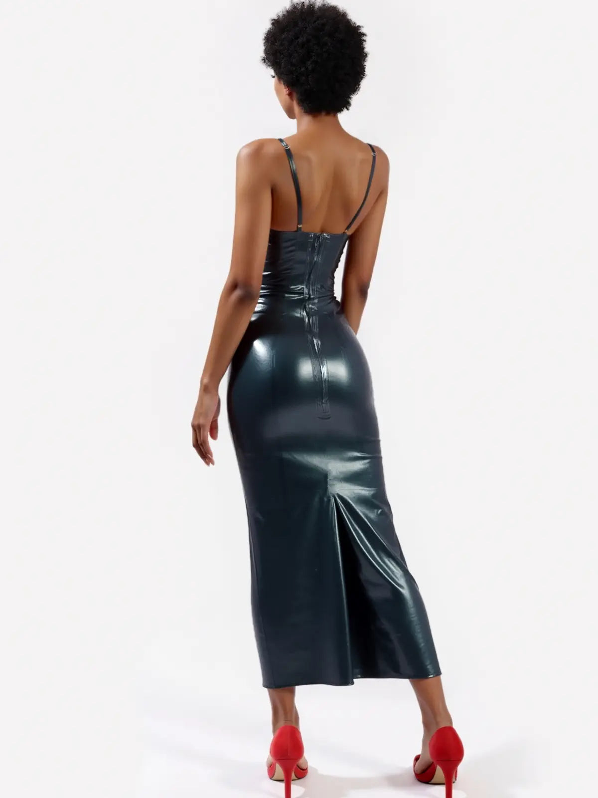 Latex Roast Flame Strap Midi Dress — Black