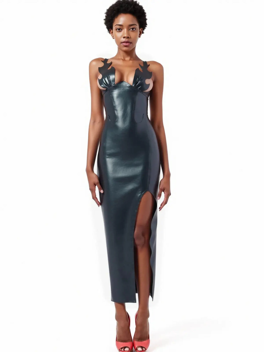 Latex Roast Flame Strap Midi Dress — Black