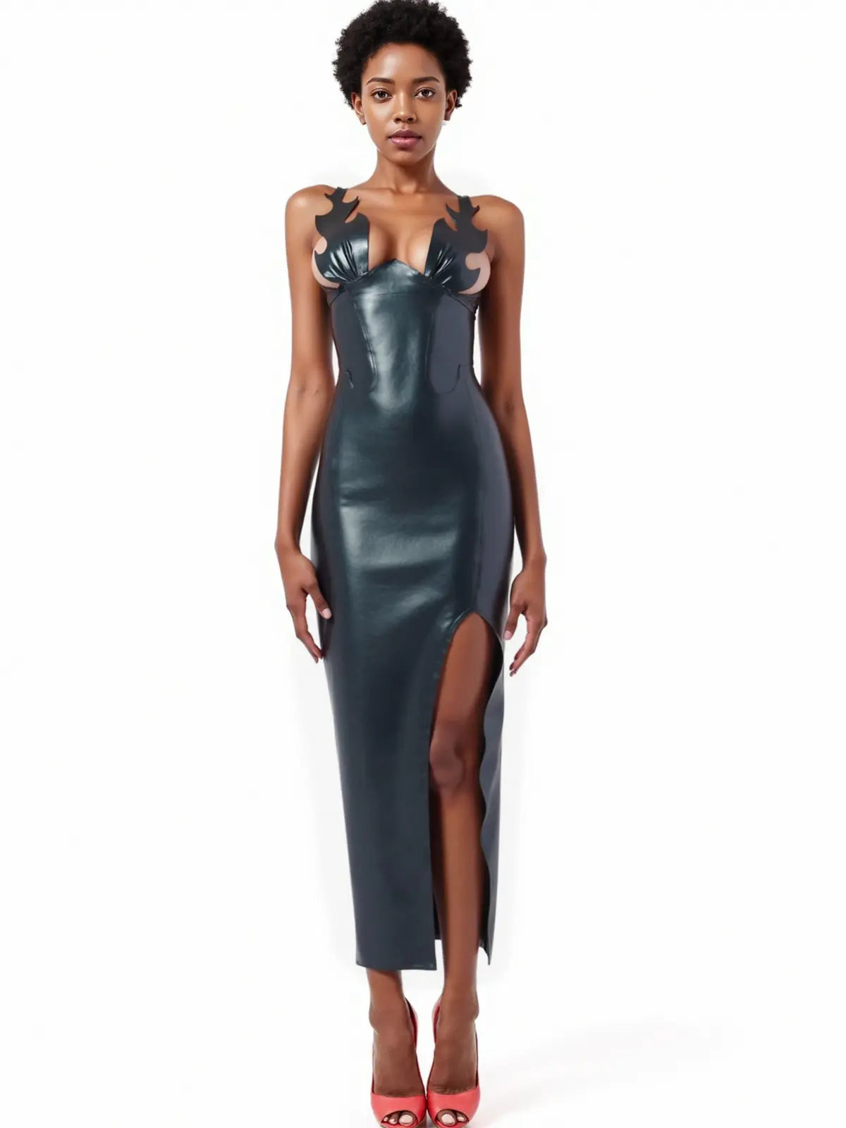 Latex Roast Flame Strap Midi Dress — Black