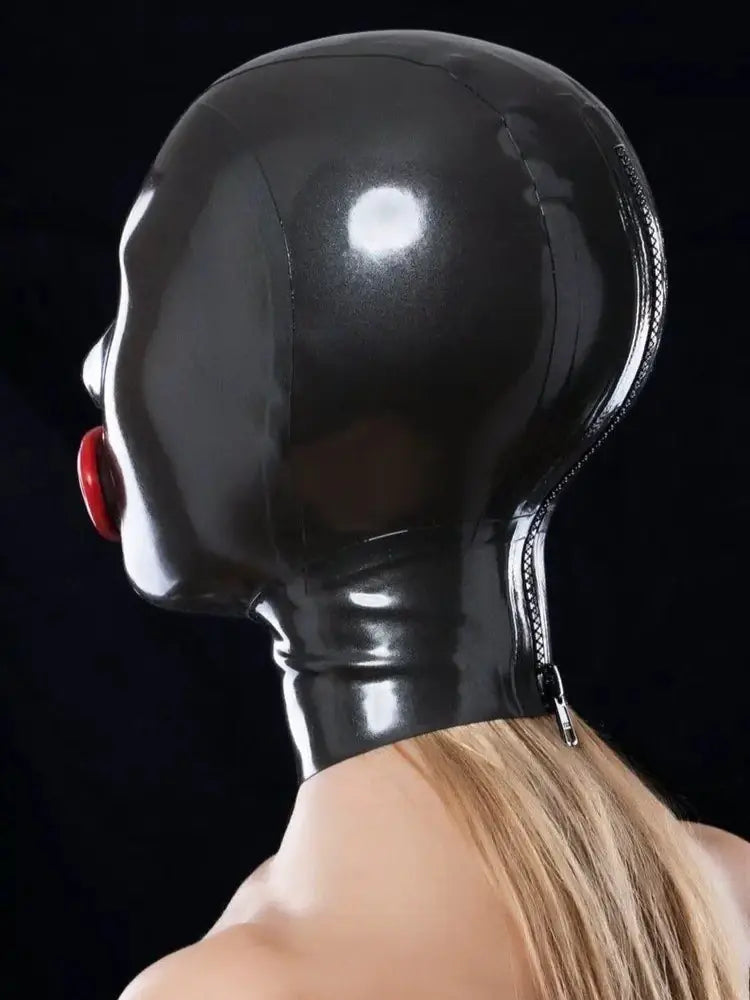 Latex Rubber Hood Mask with Red Mouth Condom & Nostril Cut-Outs