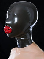Latex Rubber Hood Mask with Red Mouth Condom & Nostril Cut-Outs