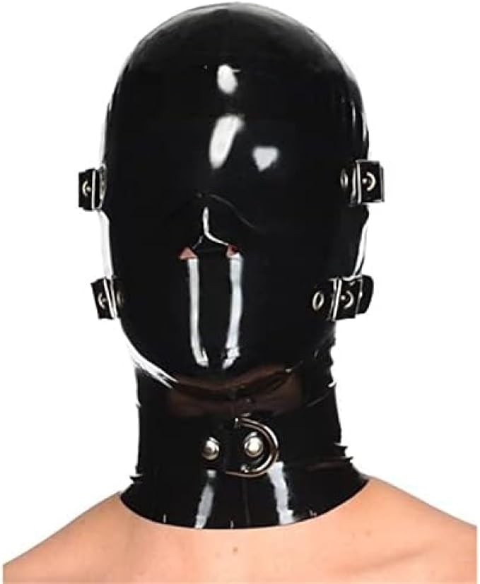 Latex Rubber Hood Mask with Detachable  Eyes & Mouth Patch and Neck Collar