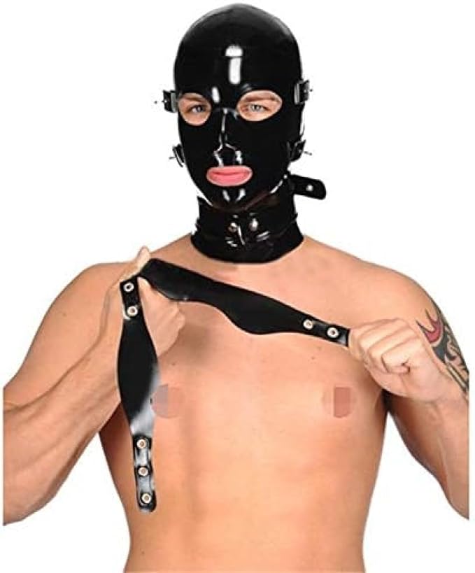 Latex Rubber Hood Mask with Detachable  Eyes & Mouth Patch and Neck Collar
