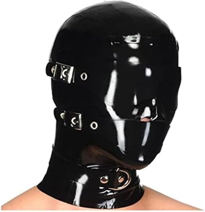 Latex Rubber Hood Mask with Detachable  Eyes & Mouth Patch and Neck Collar