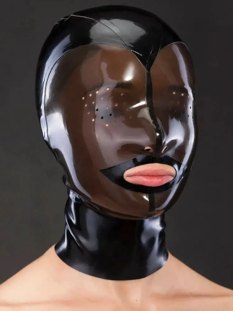 Latex Rubber Hood Mask with Translucent Face Panel & Perforated Eyes