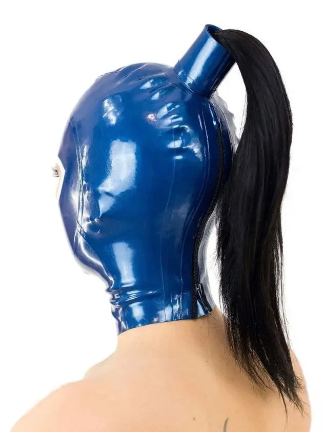 Latex Rubber Hood with Ponytail — Open Eyes & Mouth with Contrast Trim