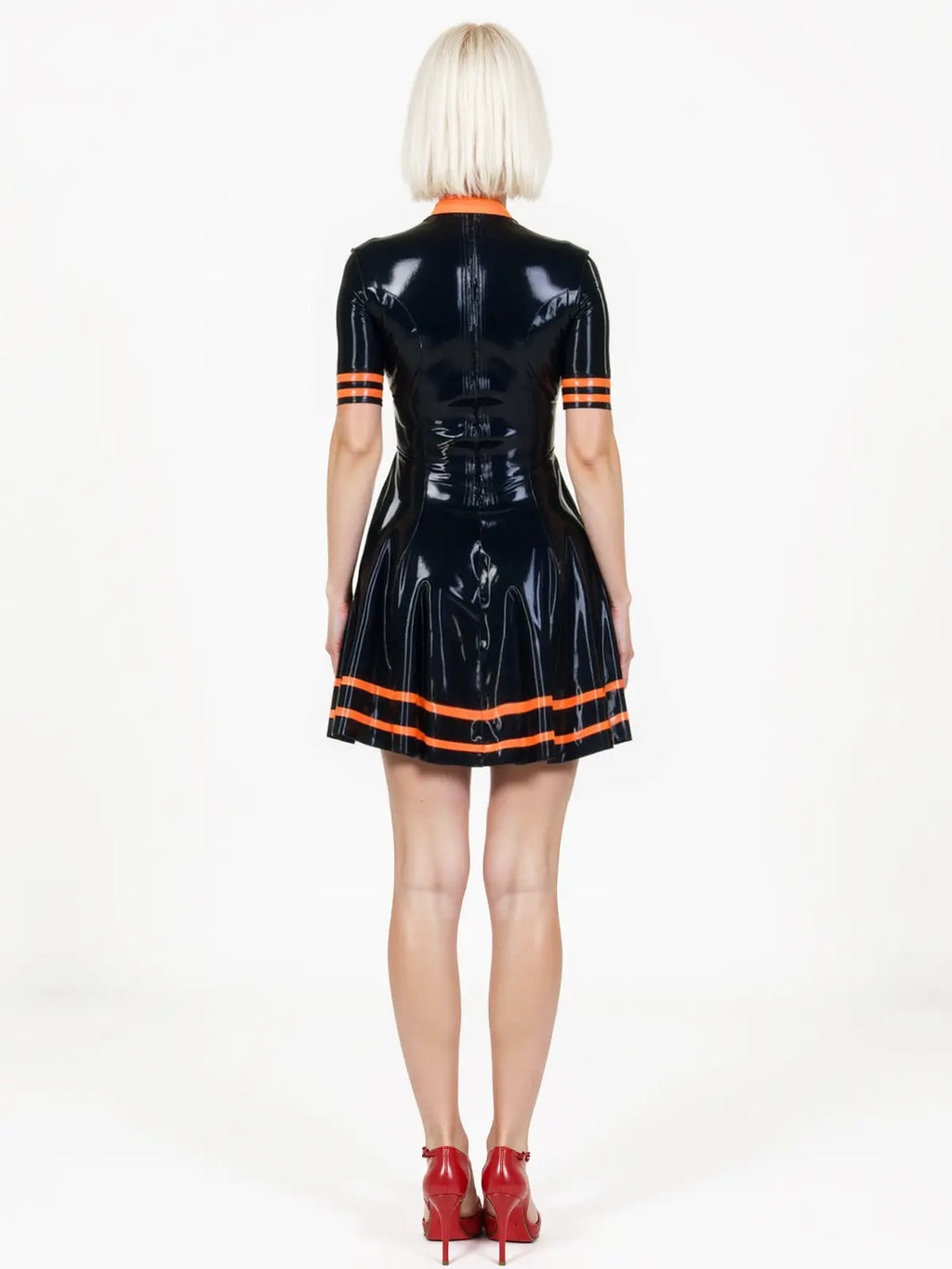 Latex Shiny Black Skater Dress with Orange Trim