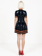 Latex Shiny Black Skater Dress with Orange Trim