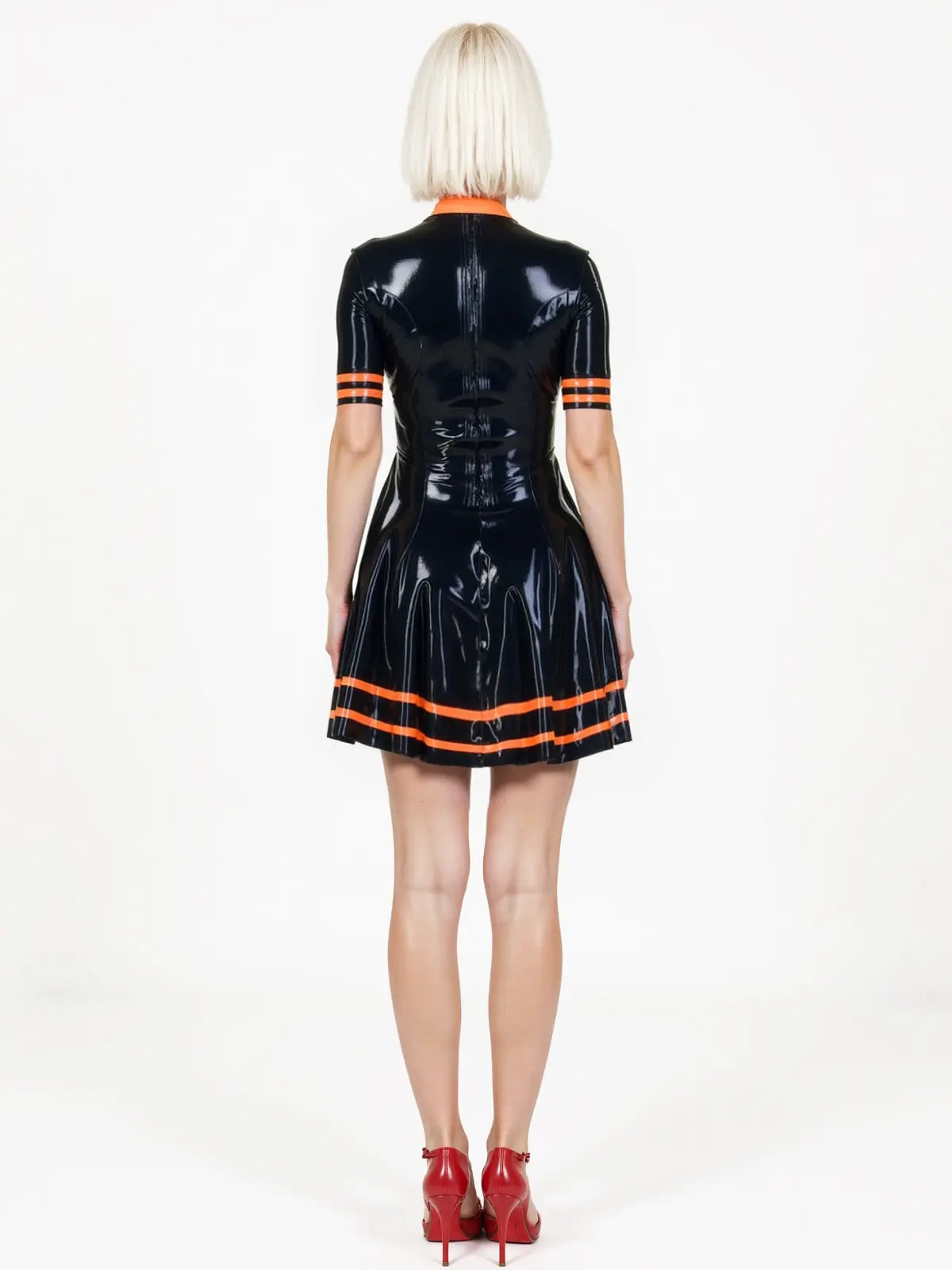 Latex Shiny Black Skater Dress with Orange Trim