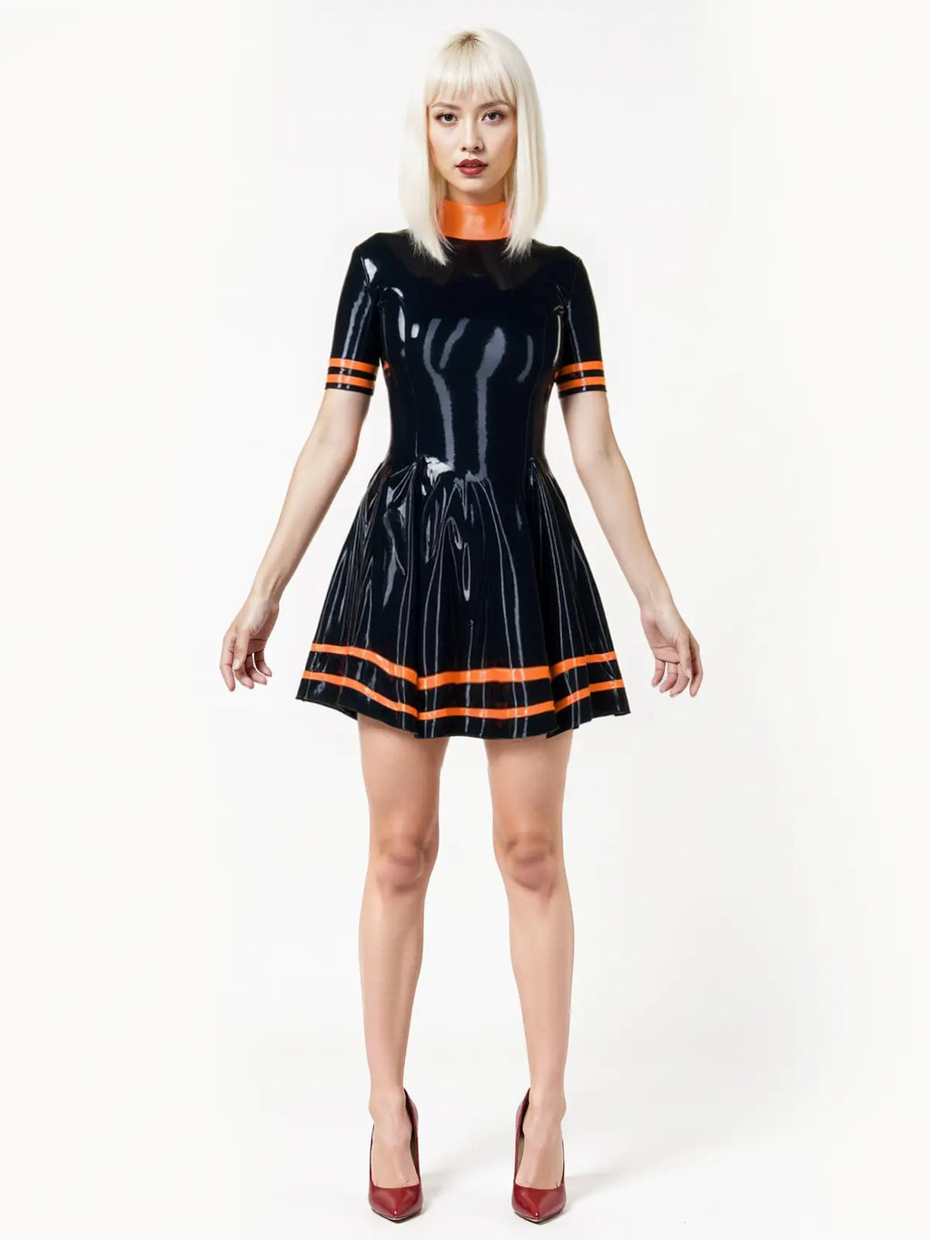 Latex Shiny Black Skater Dress with Orange Trim