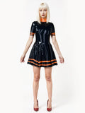 Latex Shiny Black Skater Dress with Orange Trim