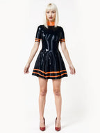 Latex Shiny Black Skater Dress with Orange Trim