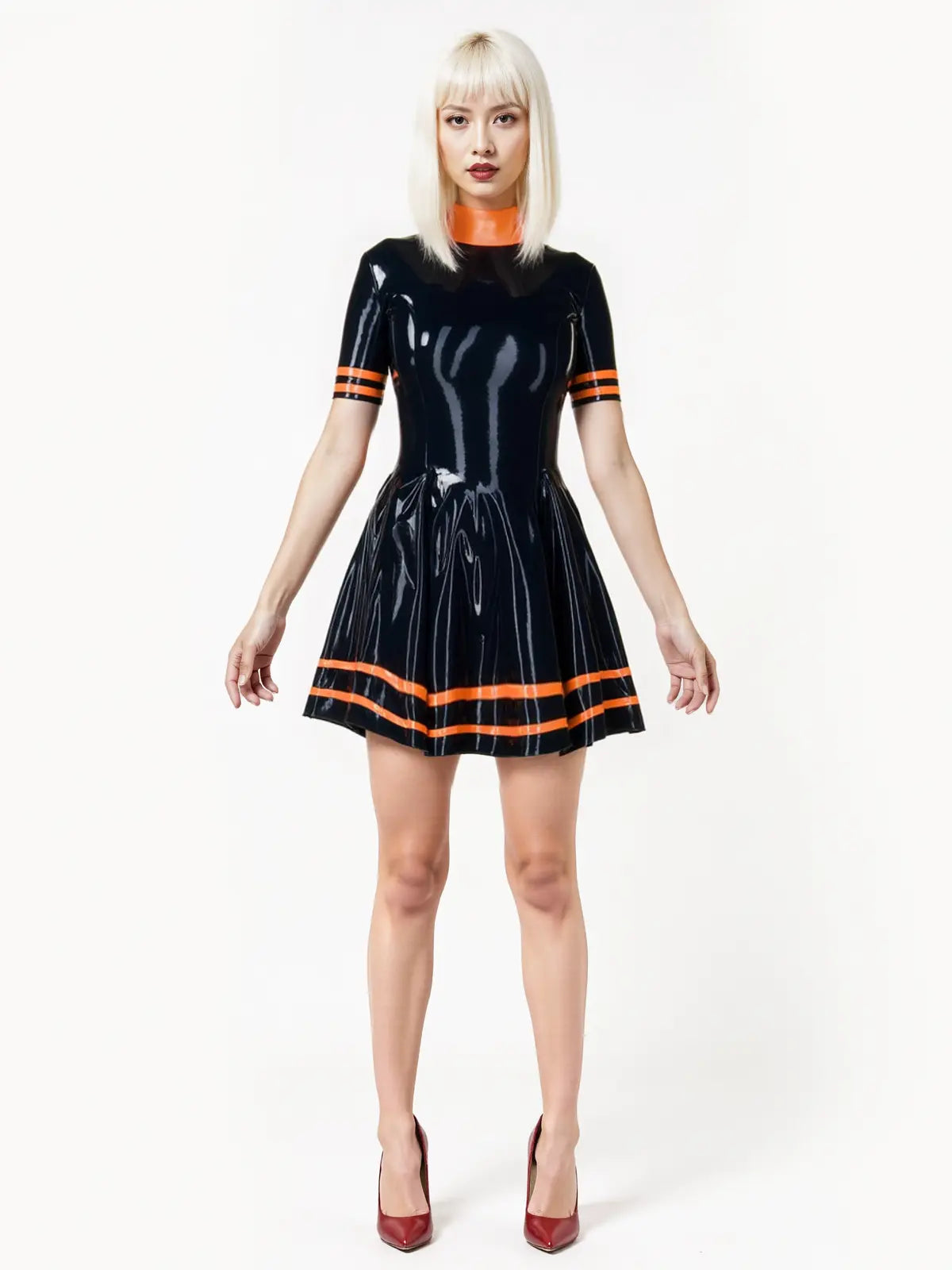 Latex Shiny Black Skater Dress with Orange Trim