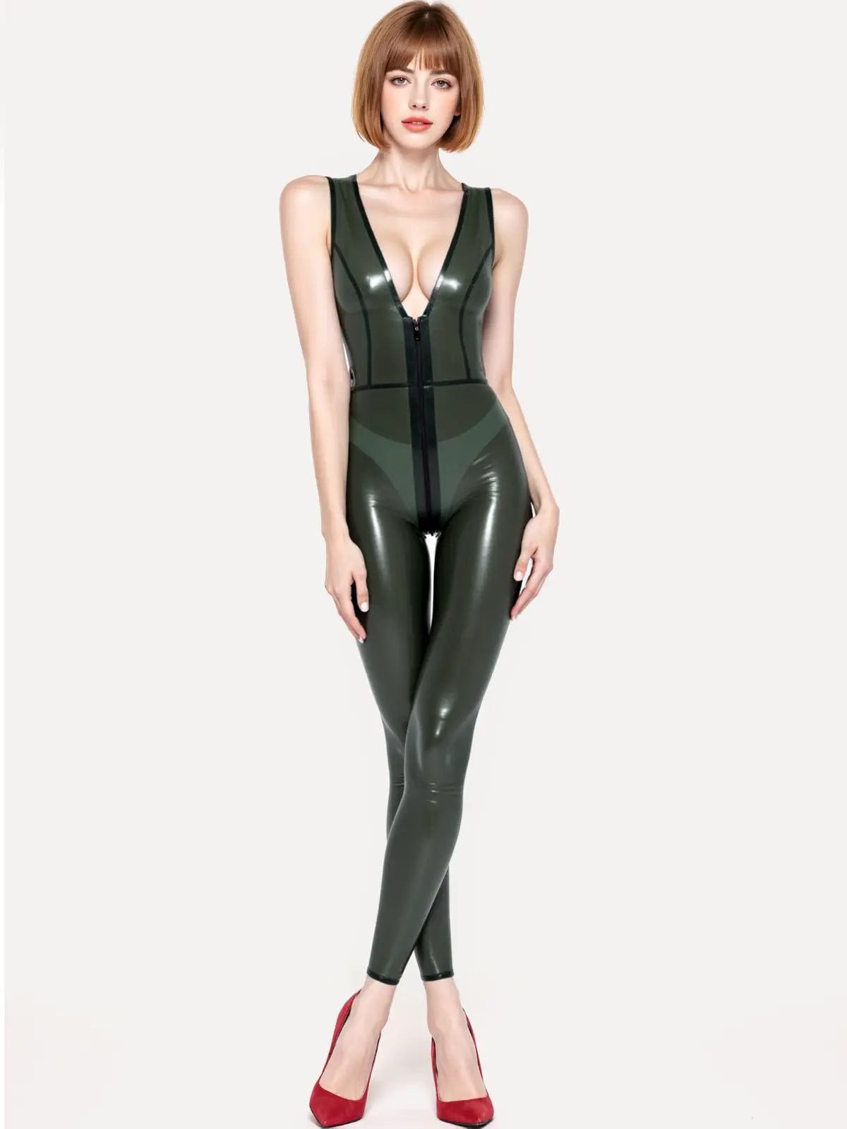 Latex Sleeveless Catsuit — Semi-Transparent Olive
