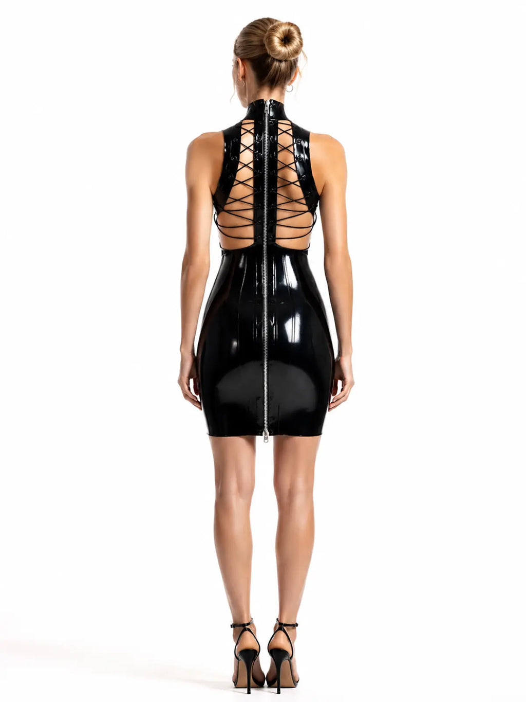 Latex Sleeveless Knee-Length Dress With High Collar & Lace-Up Back
