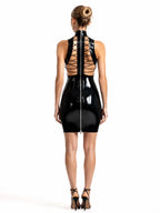 Latex Sleeveless Knee-Length Dress With High Collar & Lace-Up Back