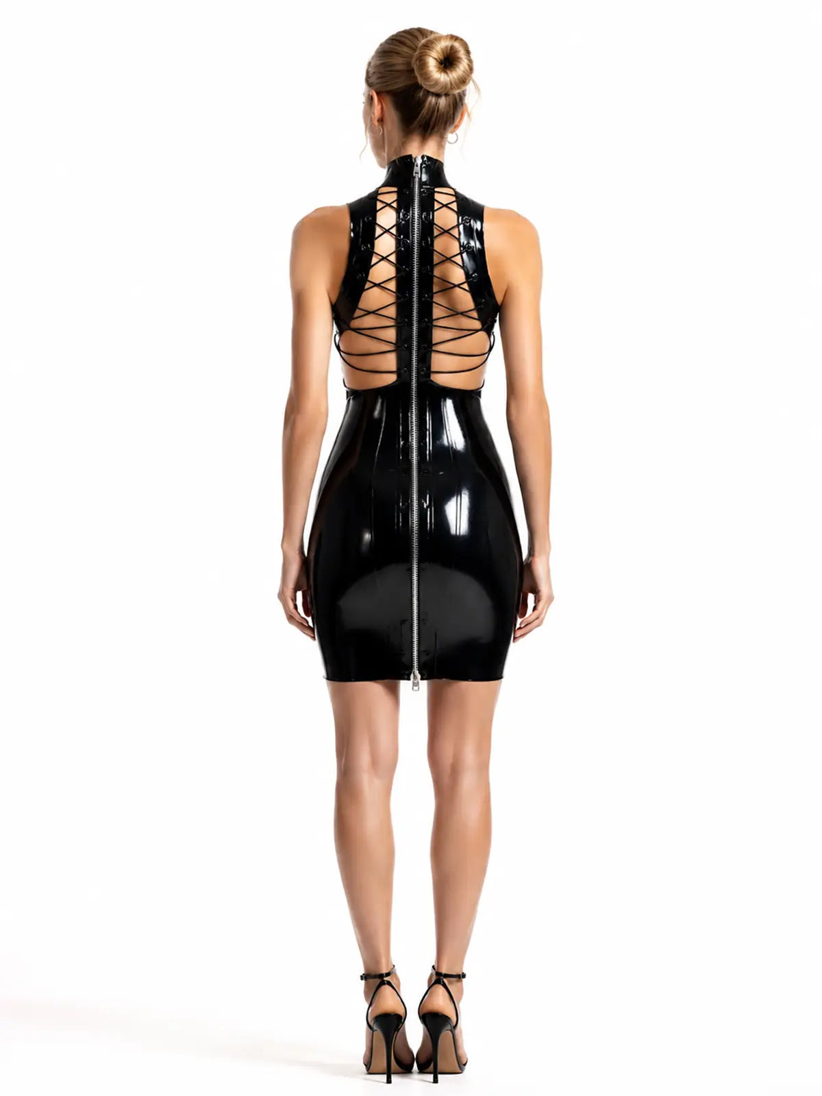Latex Sleeveless Knee-Length Dress With High Collar & Lace-Up Back