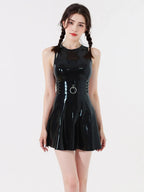 Latex Sleeveless Mini Skater Dress — Black