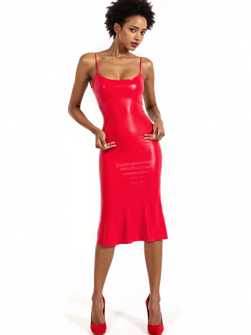 Latex Whistle Midi Dress — Red