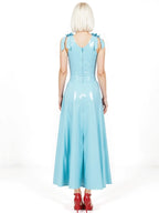 Light Blue Latex Maxi Dress — V-Neck, Pleated Skirt, Shoulder Bow Straps