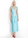 Light Blue Latex Maxi Dress — V-Neck, Pleated Skirt, Shoulder Bow Straps