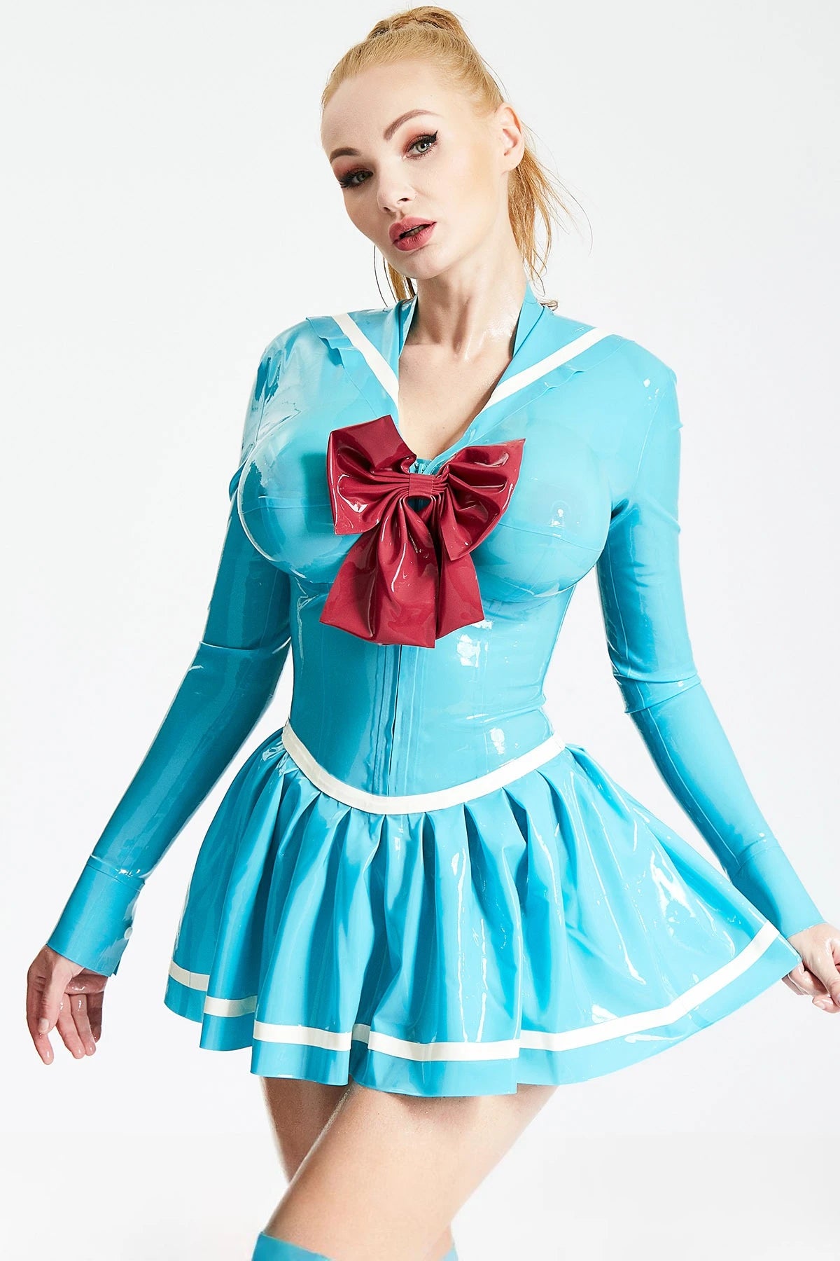 Light Blue 'Anchors Aweigh' Nautical Latex Mini Dress
