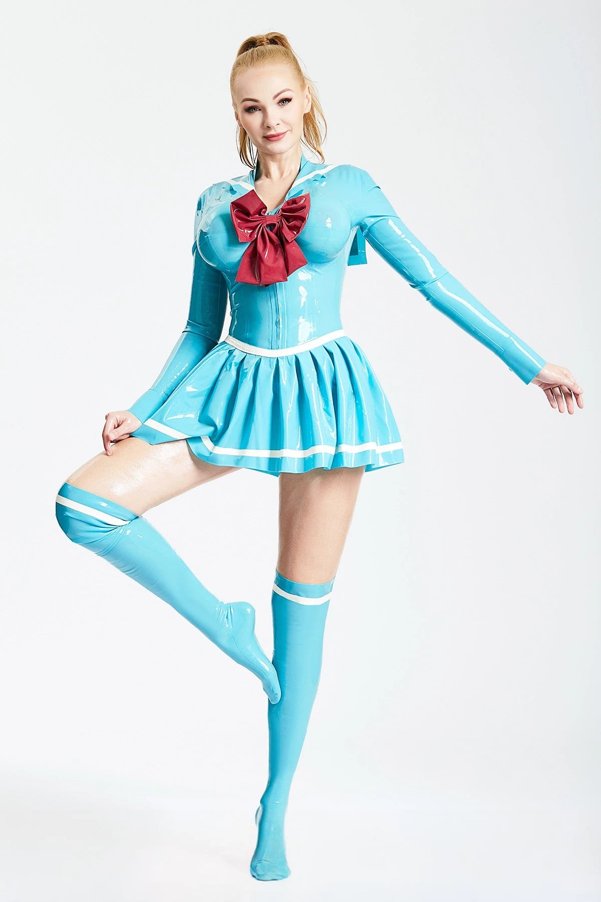 Light Blue 'Anchors Aweigh' Nautical Latex Mini Dress