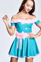 Light Blue, trim color is 'Party Girl' Off-The-Shoulder Latex Dress