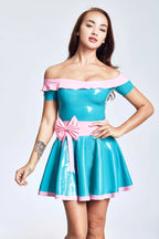 Light Blue, trim color is 'Party Girl' Off-The-Shoulder Latex Dress