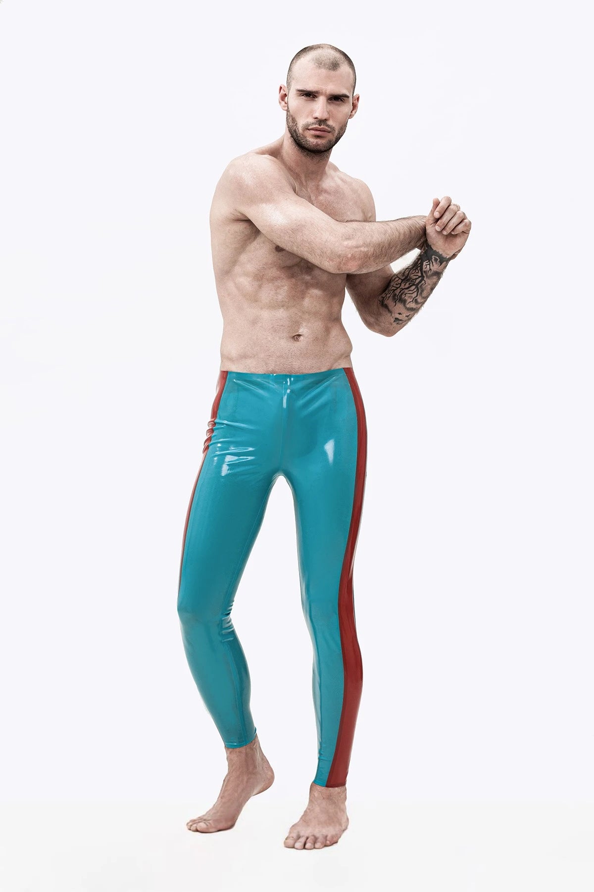 Light Blue Male Latex Wide-Striped Ankle-Length Leggings