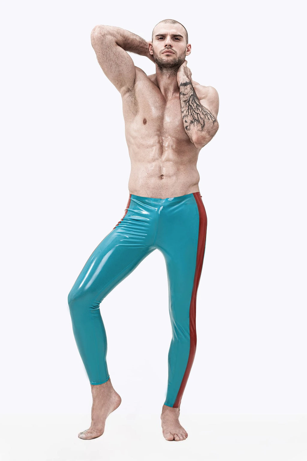 Light Blue Male Latex Wide-Striped Ankle-Length Leggings