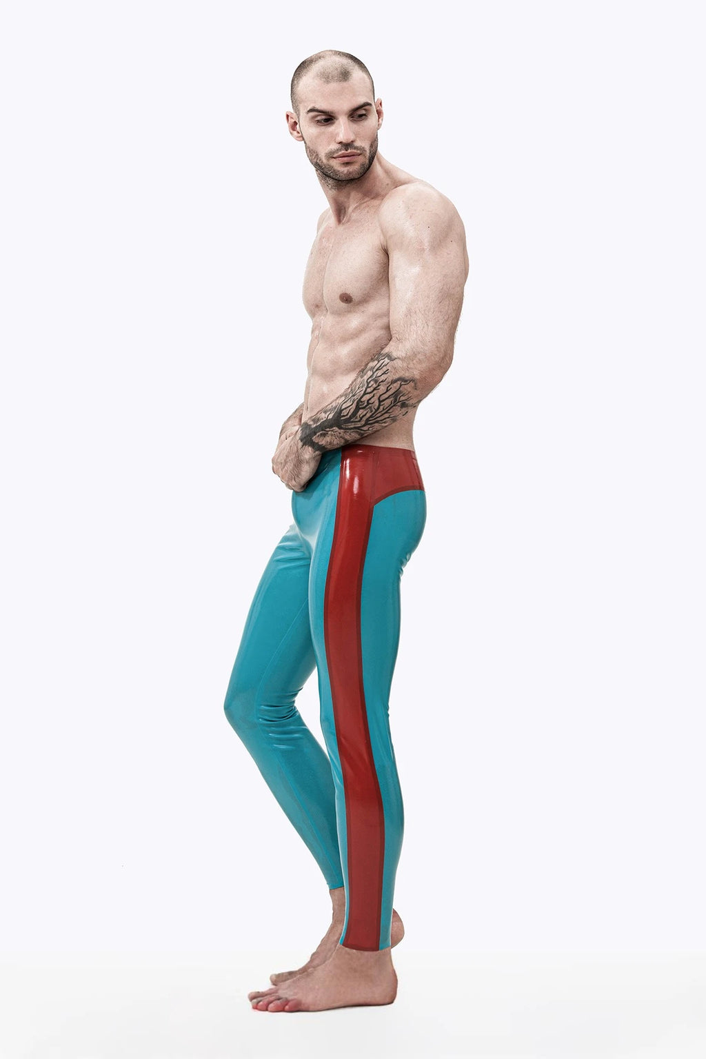 Light Blue Male Latex Wide-Striped Ankle-Length Leggings