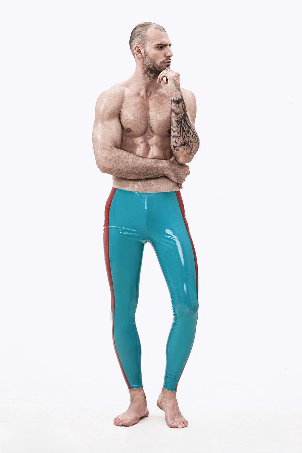 Light Blue Male Latex Wide-Striped Ankle-Length Leggings