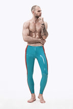 Light Blue Male Latex Wide-Striped Ankle-Length Leggings
