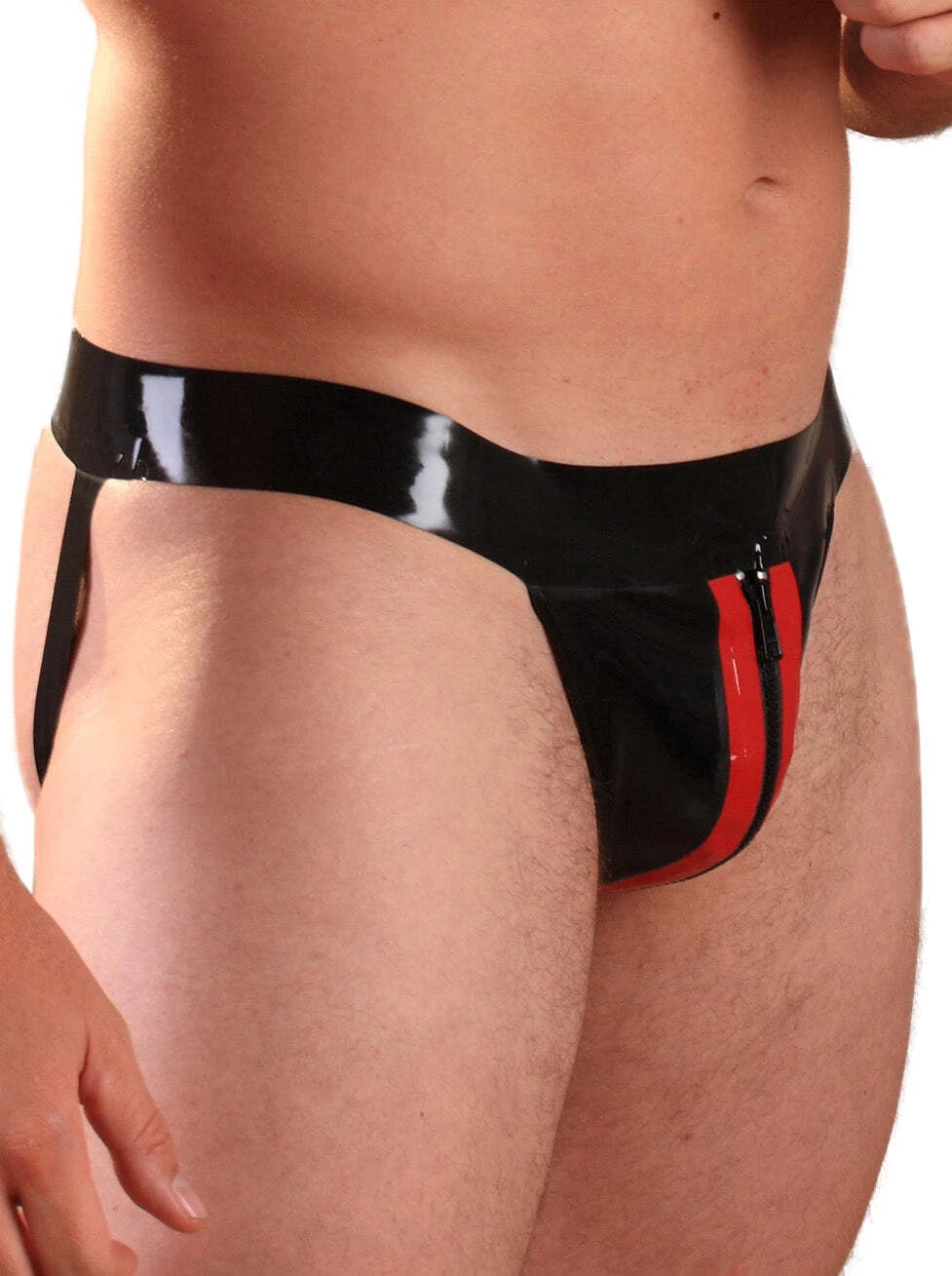 Male Zip & Striped Latex Jock in Classic Black