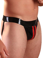 Male Zip & Striped Latex Jock in Classic Black