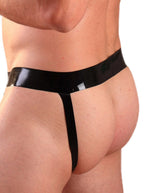 Male Zip & Striped Latex Jock in Classic Black