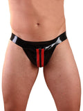 Male Zip & Striped Latex Jock in Classic Black