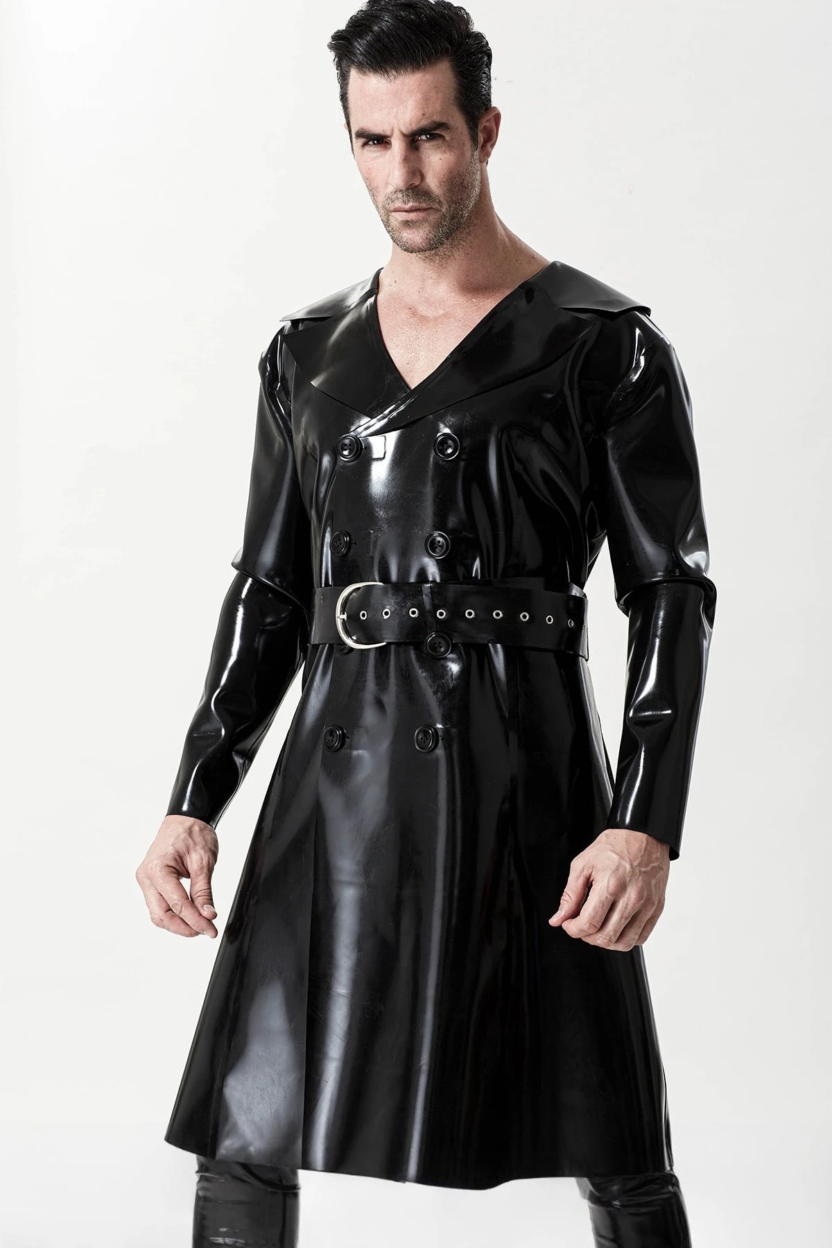 Black Male ' The Swinger' Double-Breasted Latex Overcoat
