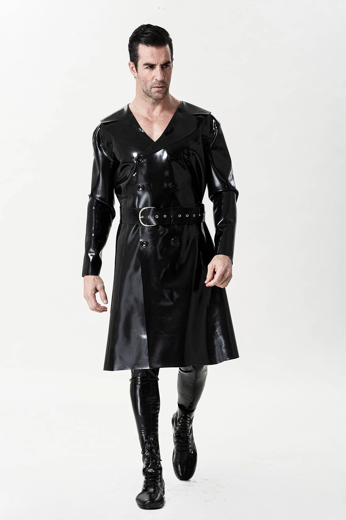 Black Male ' The Swinger' Double-Breasted Latex Overcoat