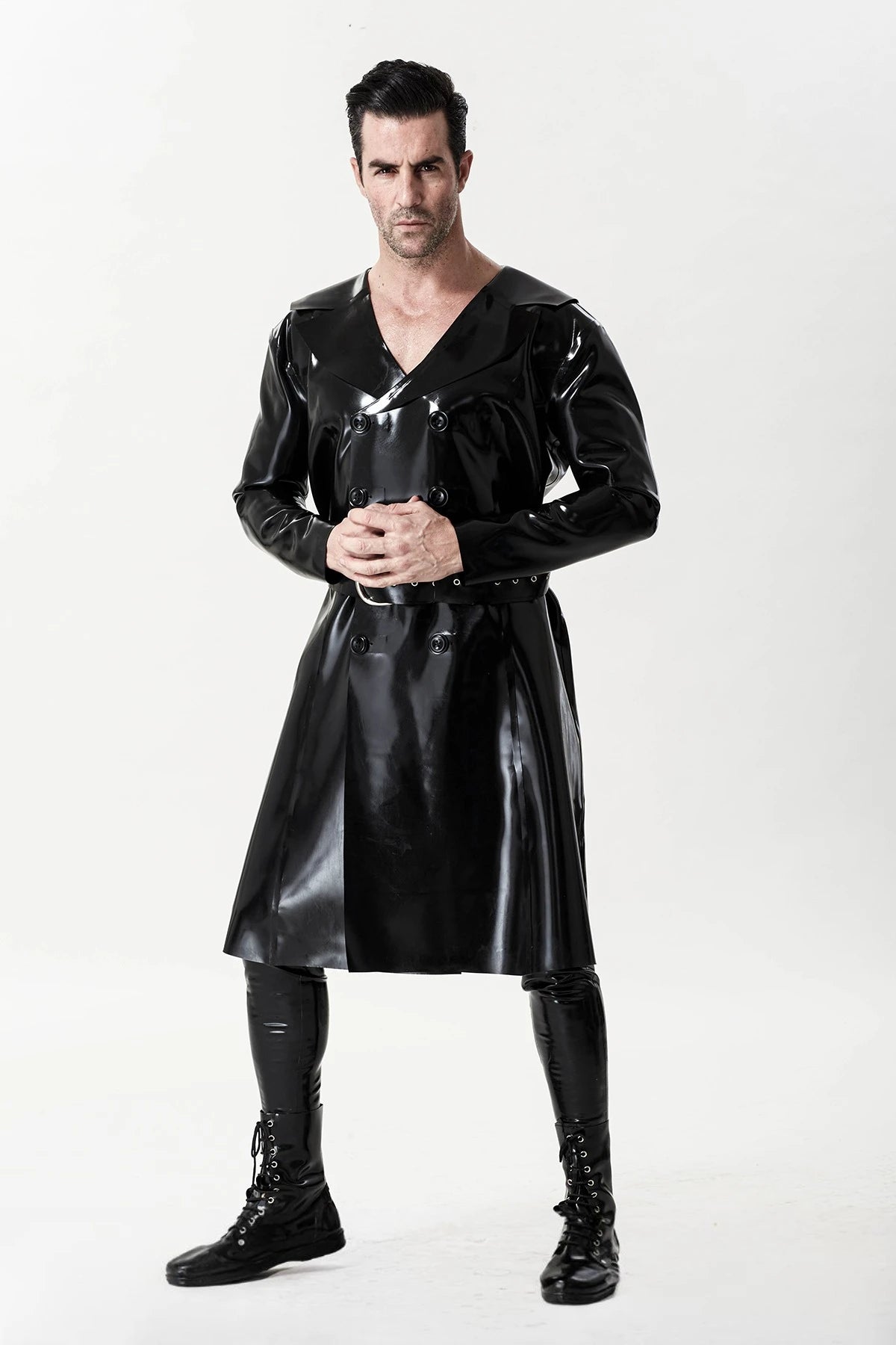 Black Male ' The Swinger' Double-Breasted Latex Overcoat